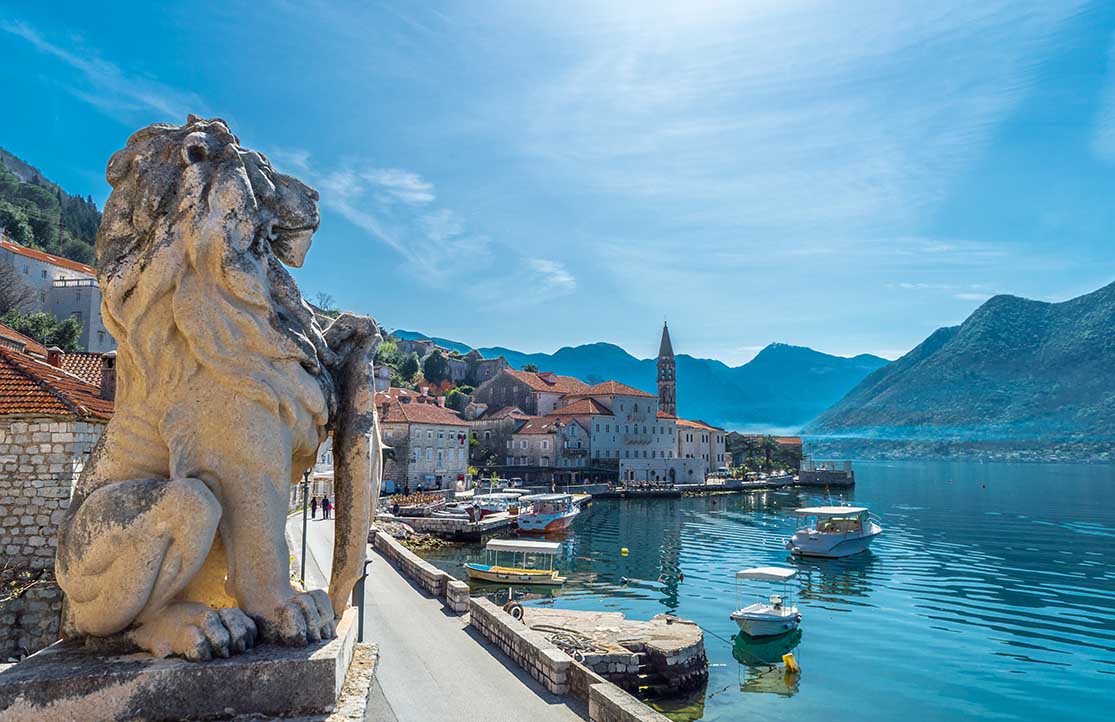 Lion statue in the old town Perast, Montenegro