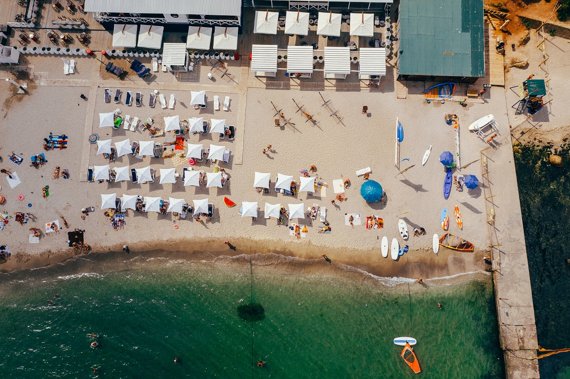 Aerial View of Crowd of People on the Beach, summer's day